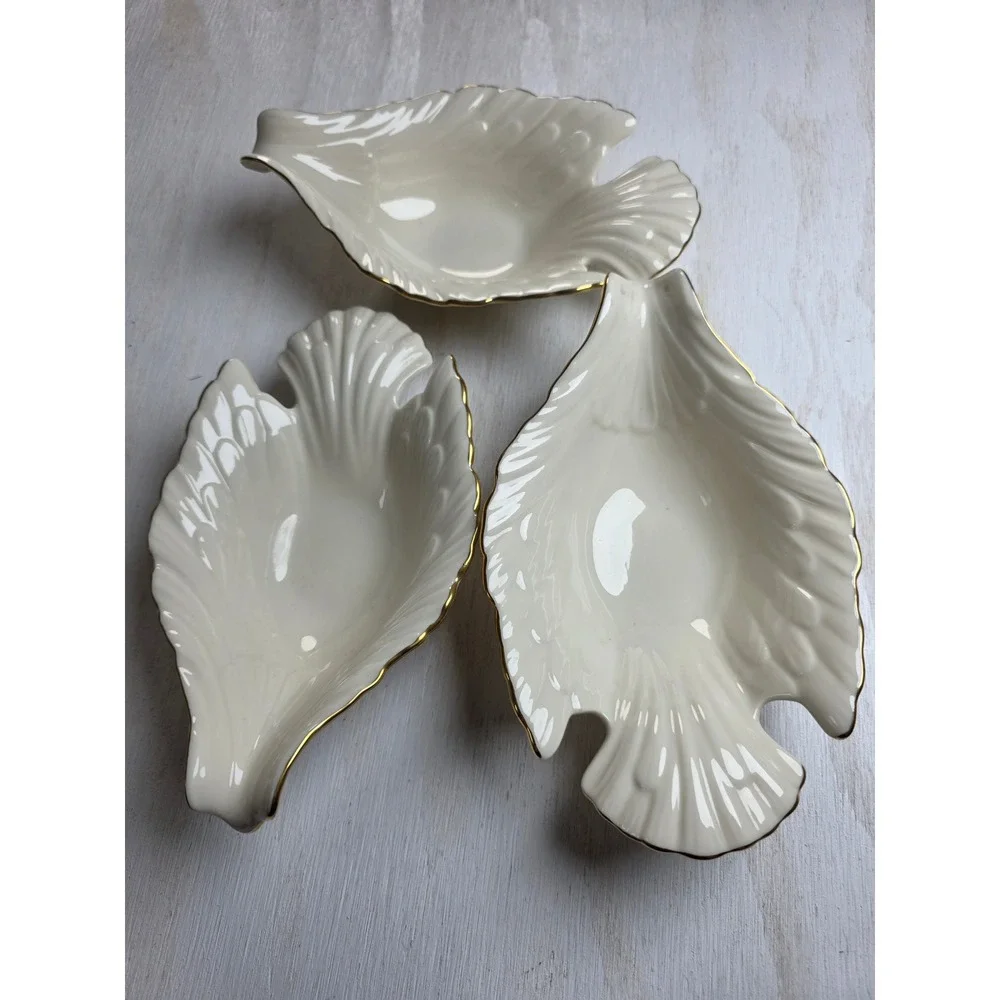 Lenox Dove Ivory Bone China Leaf Candy Dish Set of 3 Gold Trim Vintage USA Bowls